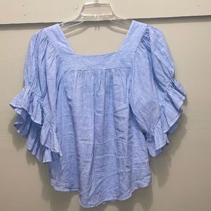 Blue and white striped shirt with ruffle sleeves. Size Large.